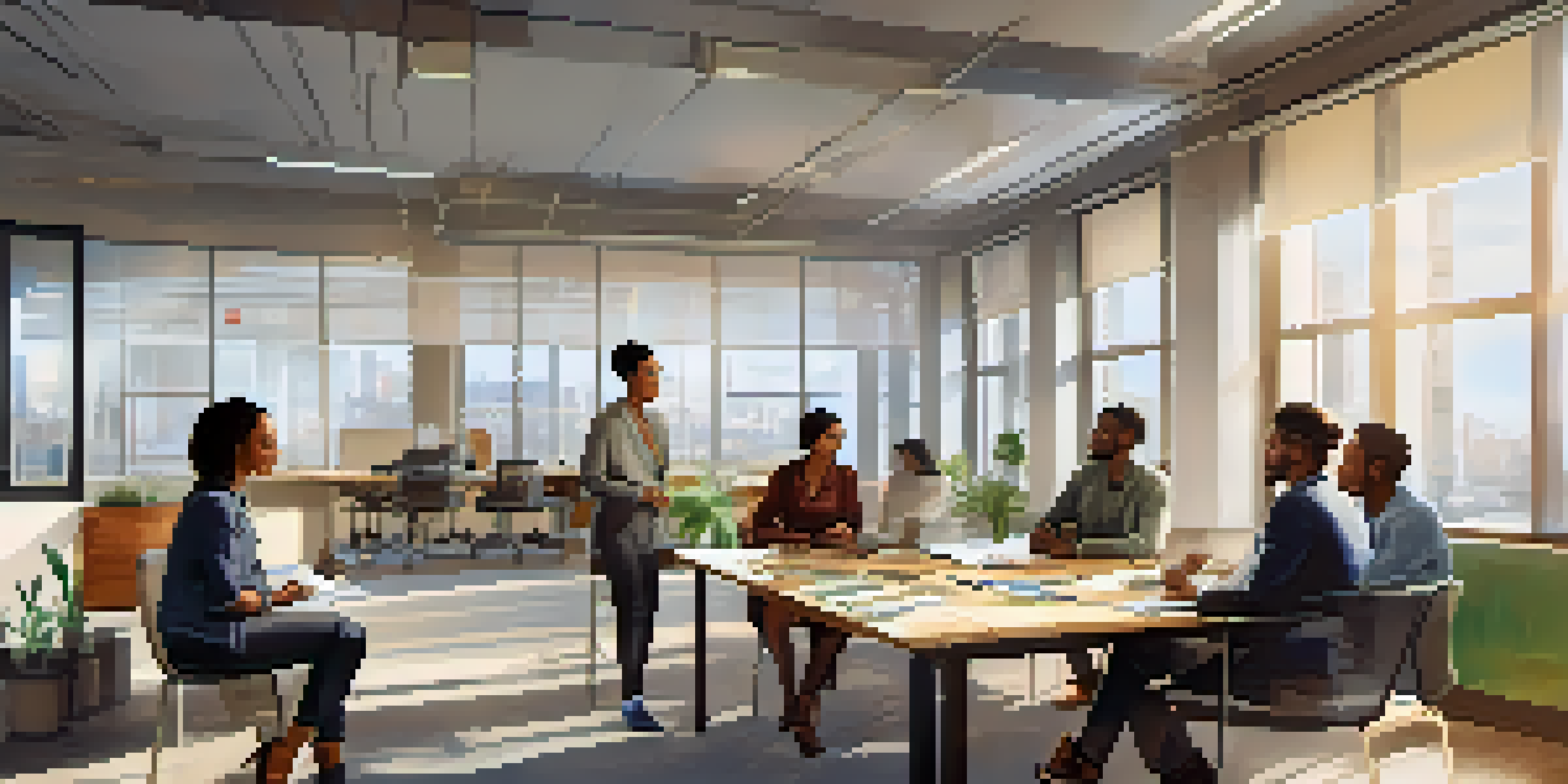 A diverse team collaborating in a bright office, discussing around a table filled with charts and notes.