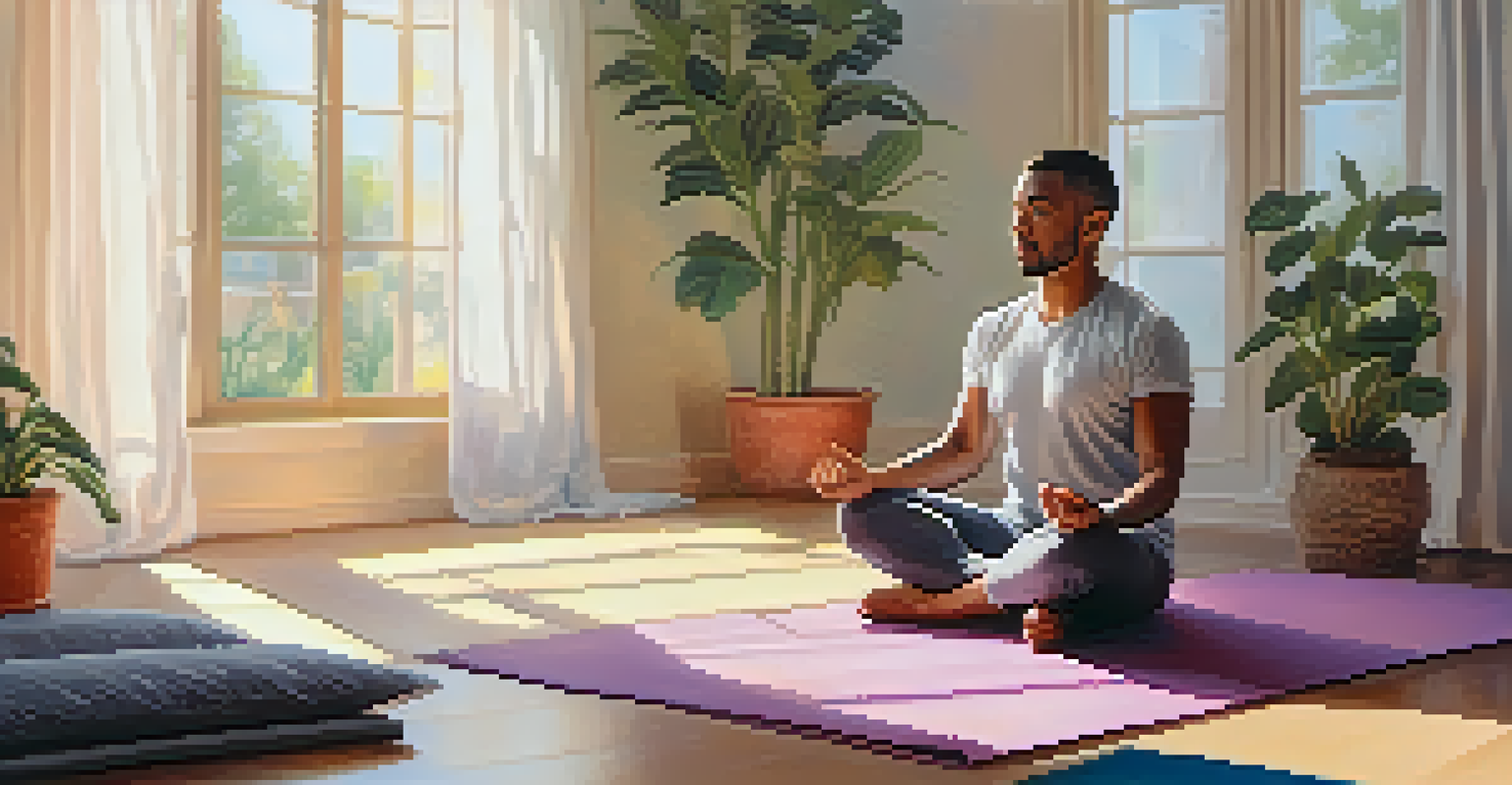 A person practicing mindfulness on a yoga mat in a bright room with pastel walls and plants, illuminated by sunlight through sheer curtains.