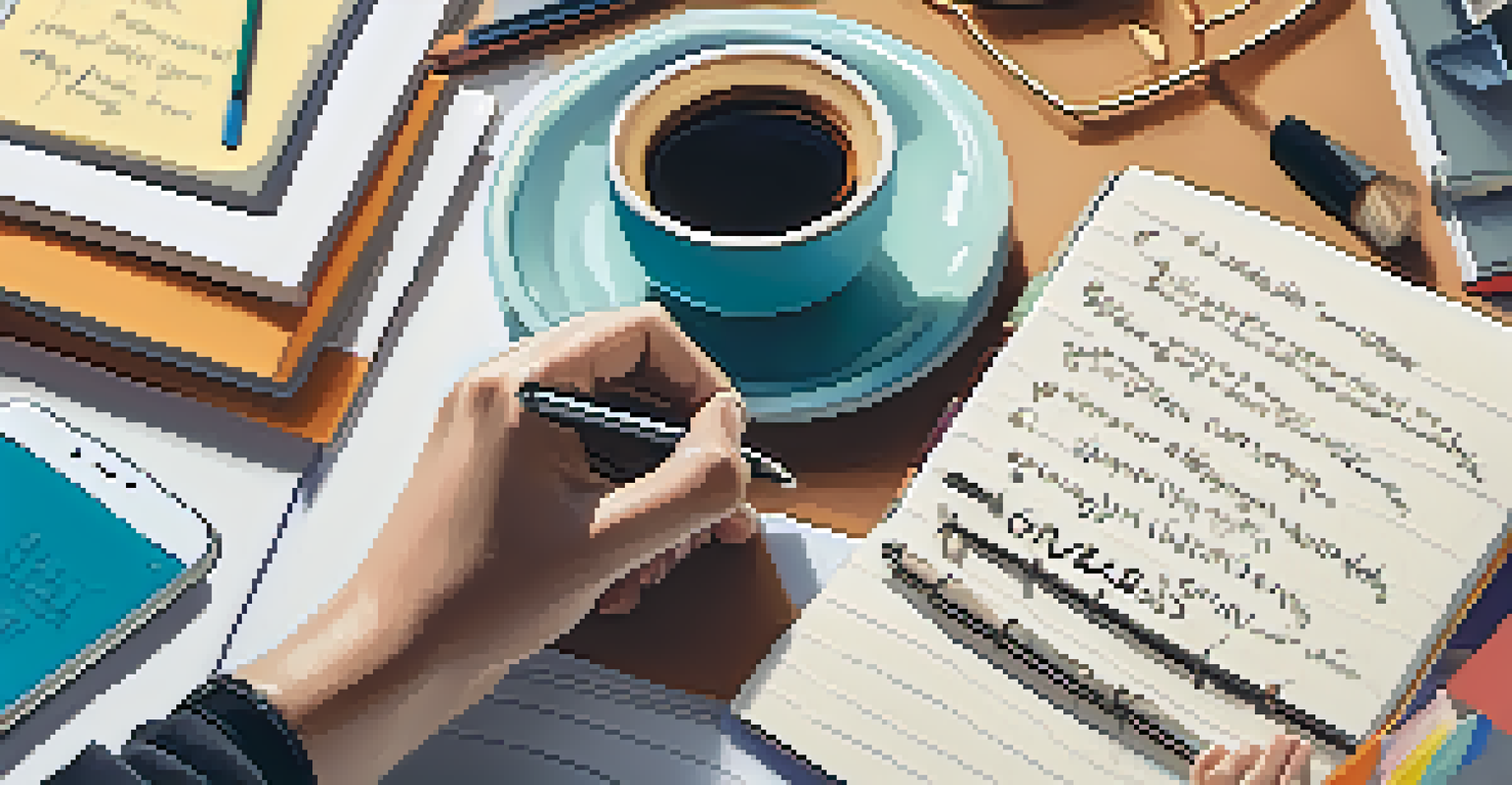 Close-up of hands writing goals in a notebook, with a laptop and coffee cup in the background.