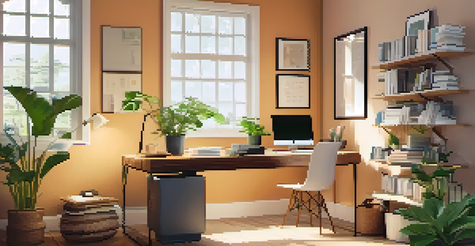 A cozy office space with a wooden desk, a laptop, books, a potted plant, and a motivational quote framed on the wall, bathed in soft natural light.