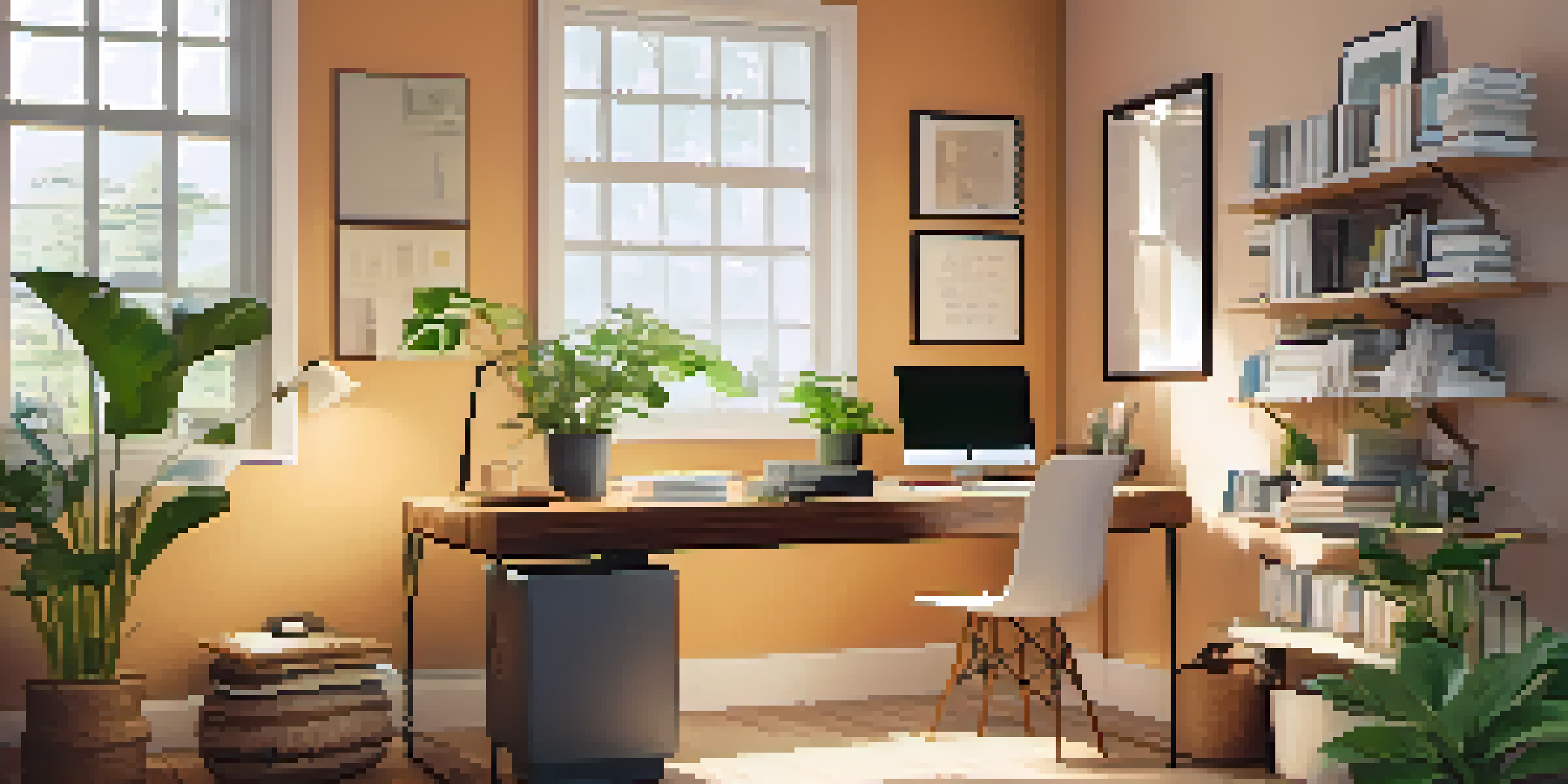 A cozy office space with a wooden desk, a laptop, books, a potted plant, and a motivational quote framed on the wall, bathed in soft natural light.