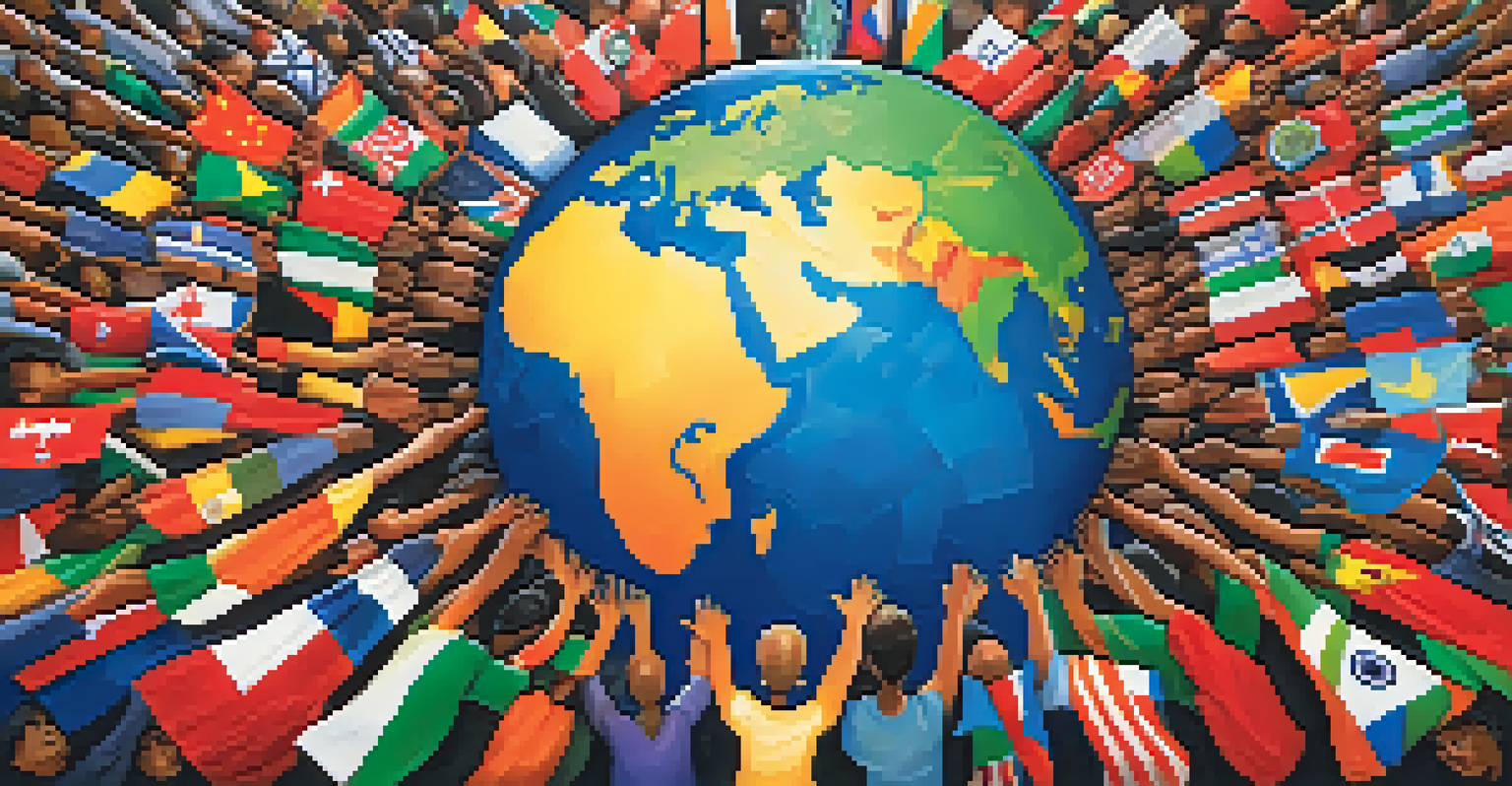 A globe surrounded by people from different cultures holding symbols of their heritage, representing unity in diversity.