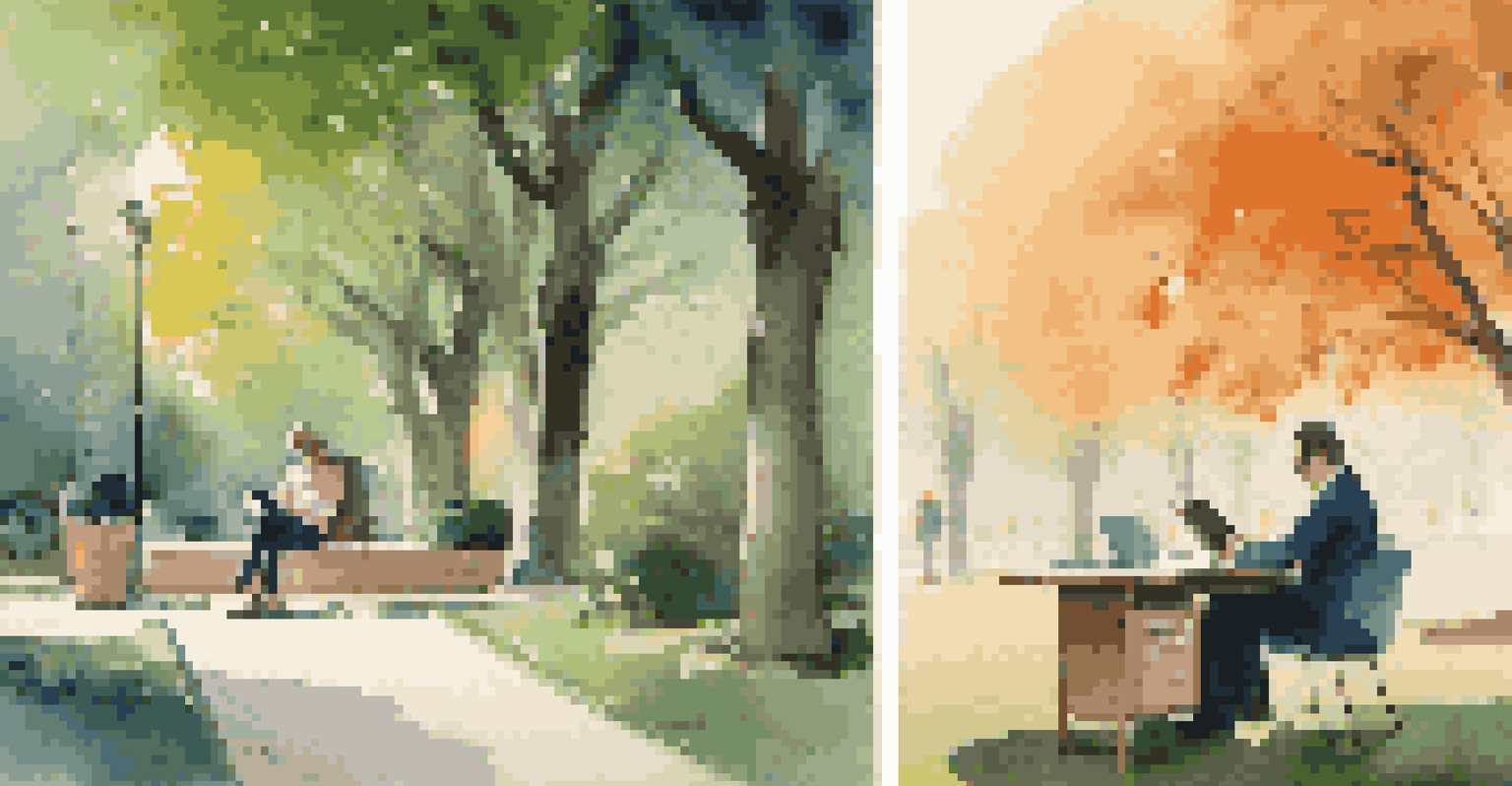 A split image showing an overwhelmed person in a dim office and the same person relaxed in a vibrant park.