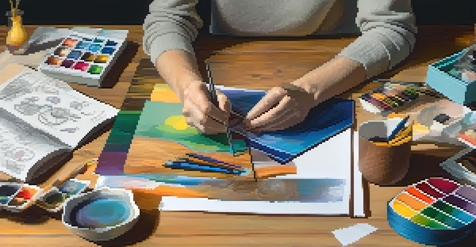 An artist's hands arranging a portfolio layout on a wooden table, surrounded by sketches and colorful materials.