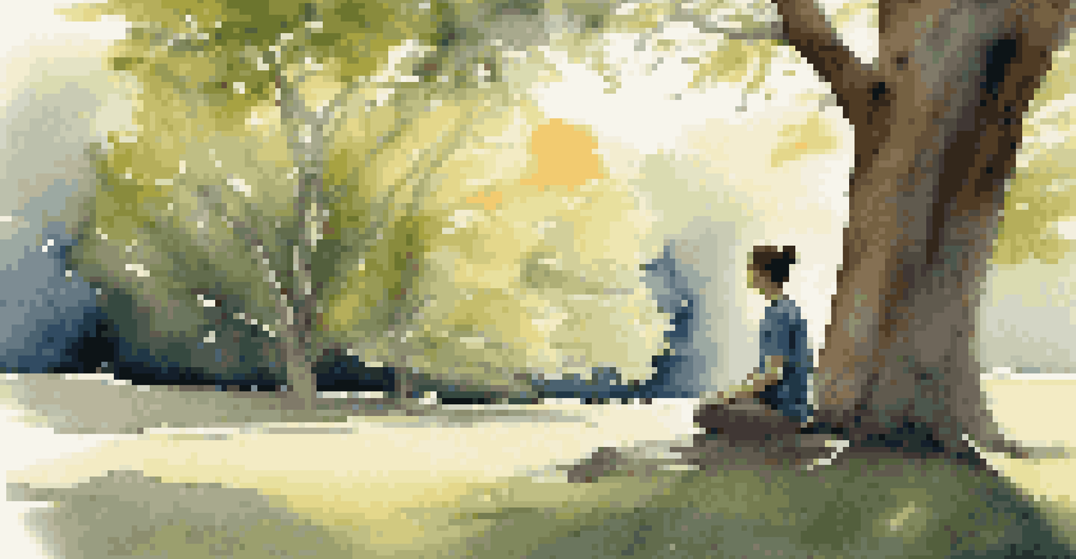 A person practicing mindfulness in a peaceful outdoor setting, with sunlight filtering through trees.