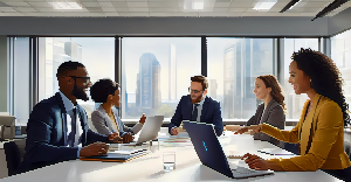 A diverse group of professionals collaborating in a bright office during a team meeting.