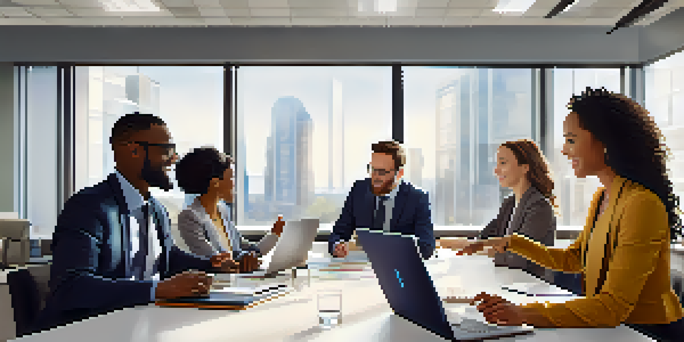 A diverse group of professionals collaborating in a bright office during a team meeting.