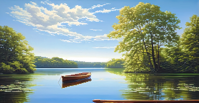 A tranquil lake with lush green trees and a wooden boat under a clear blue sky.
