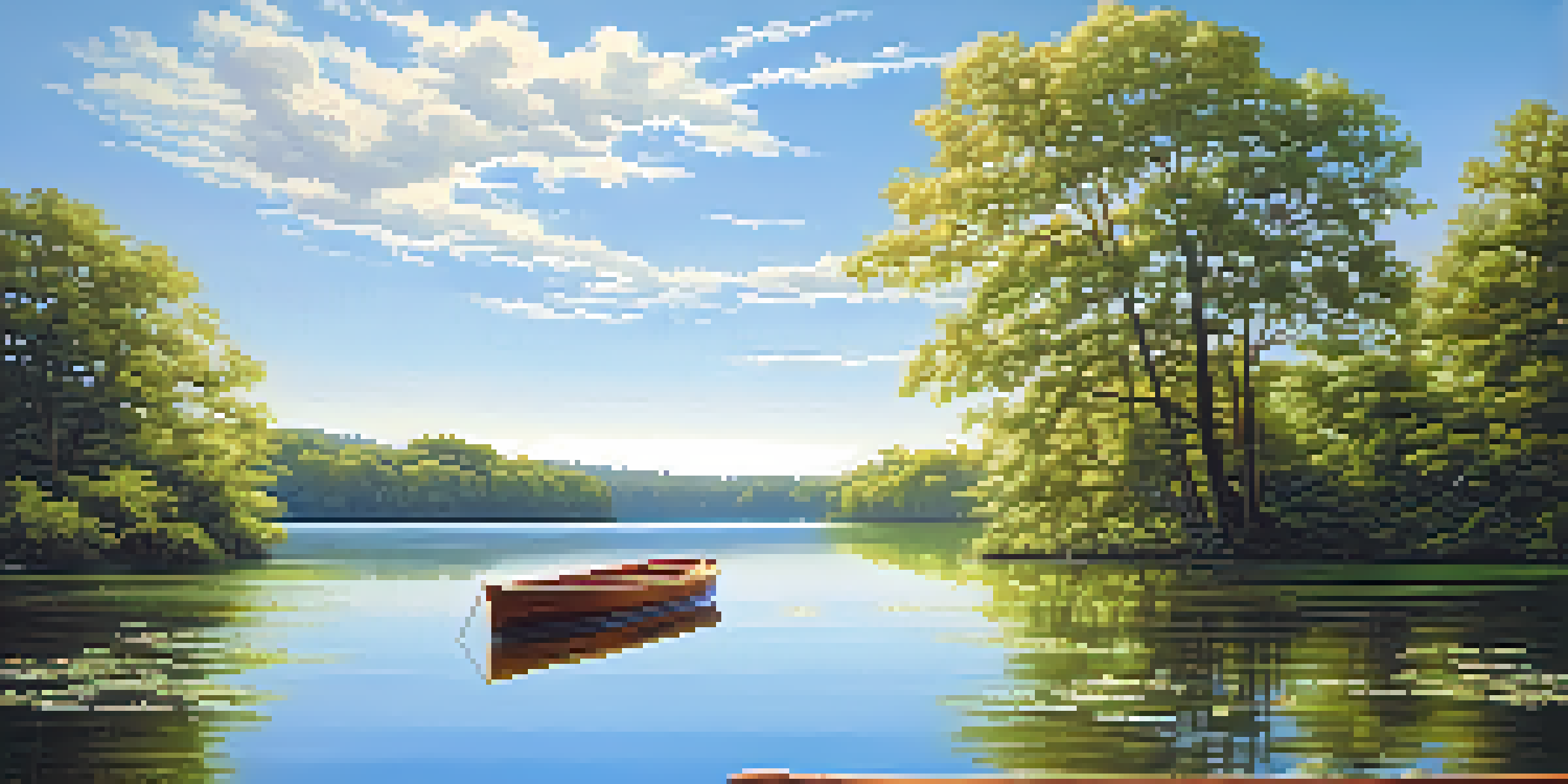 A tranquil lake with lush green trees and a wooden boat under a clear blue sky.