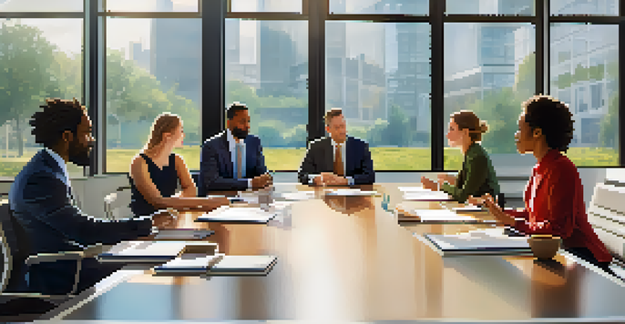 A diverse group of people engaged in a collaborative discussion around a conference table, expressing understanding and empathy.