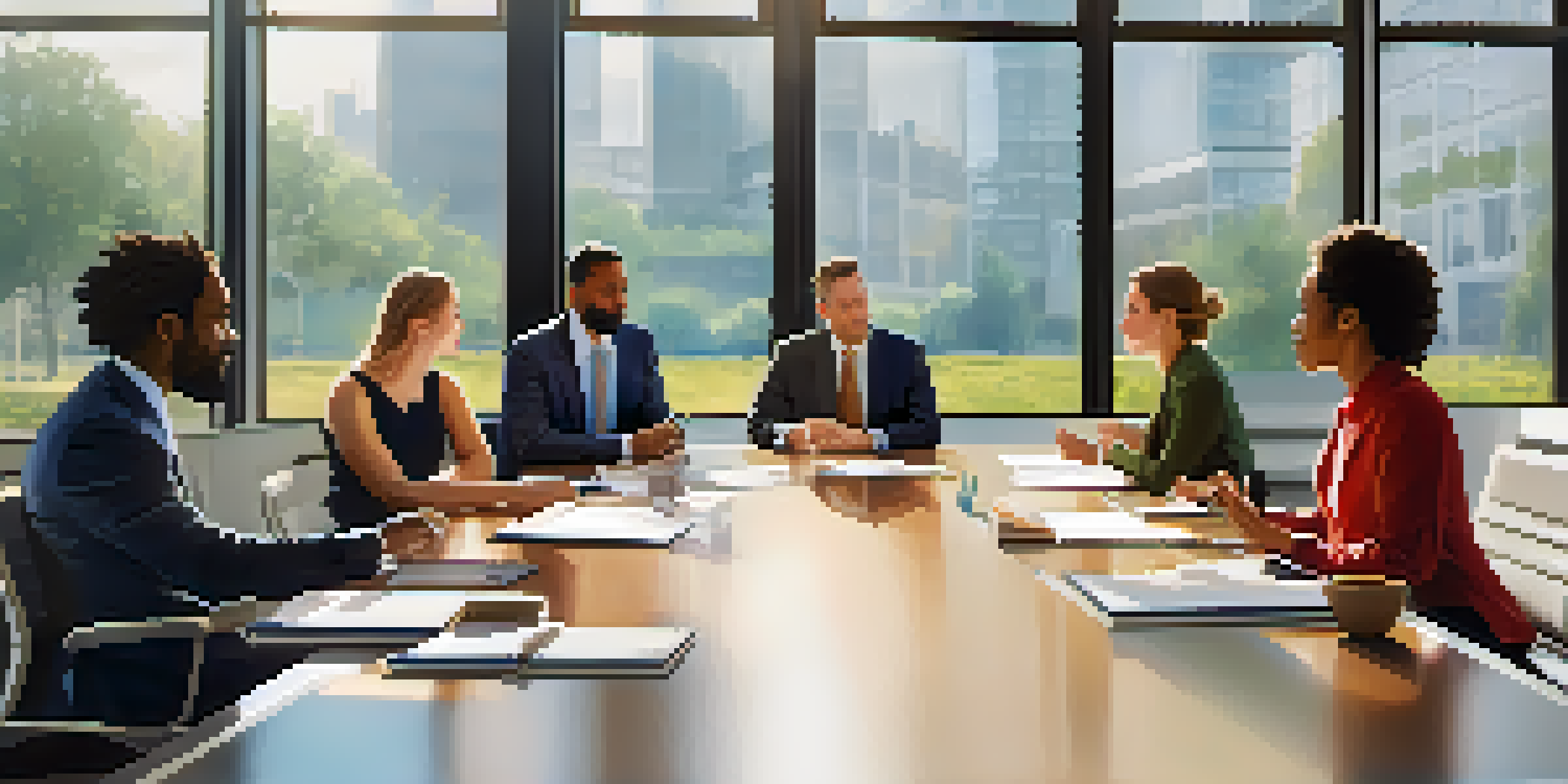A diverse group of people engaged in a collaborative discussion around a conference table, expressing understanding and empathy.