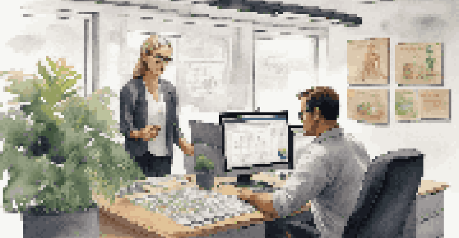 A mentor assisting a mentee at a computer in a modern office setting.
