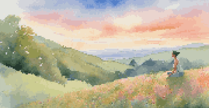 A person practicing yoga on a green hillside at sunrise, surrounded by wildflowers and a colorful sky.