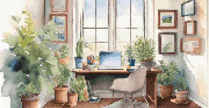 A bright office space with a desk, colorful stationery, an open gratitude journal, and a potted plant, reflecting a positive mindset.