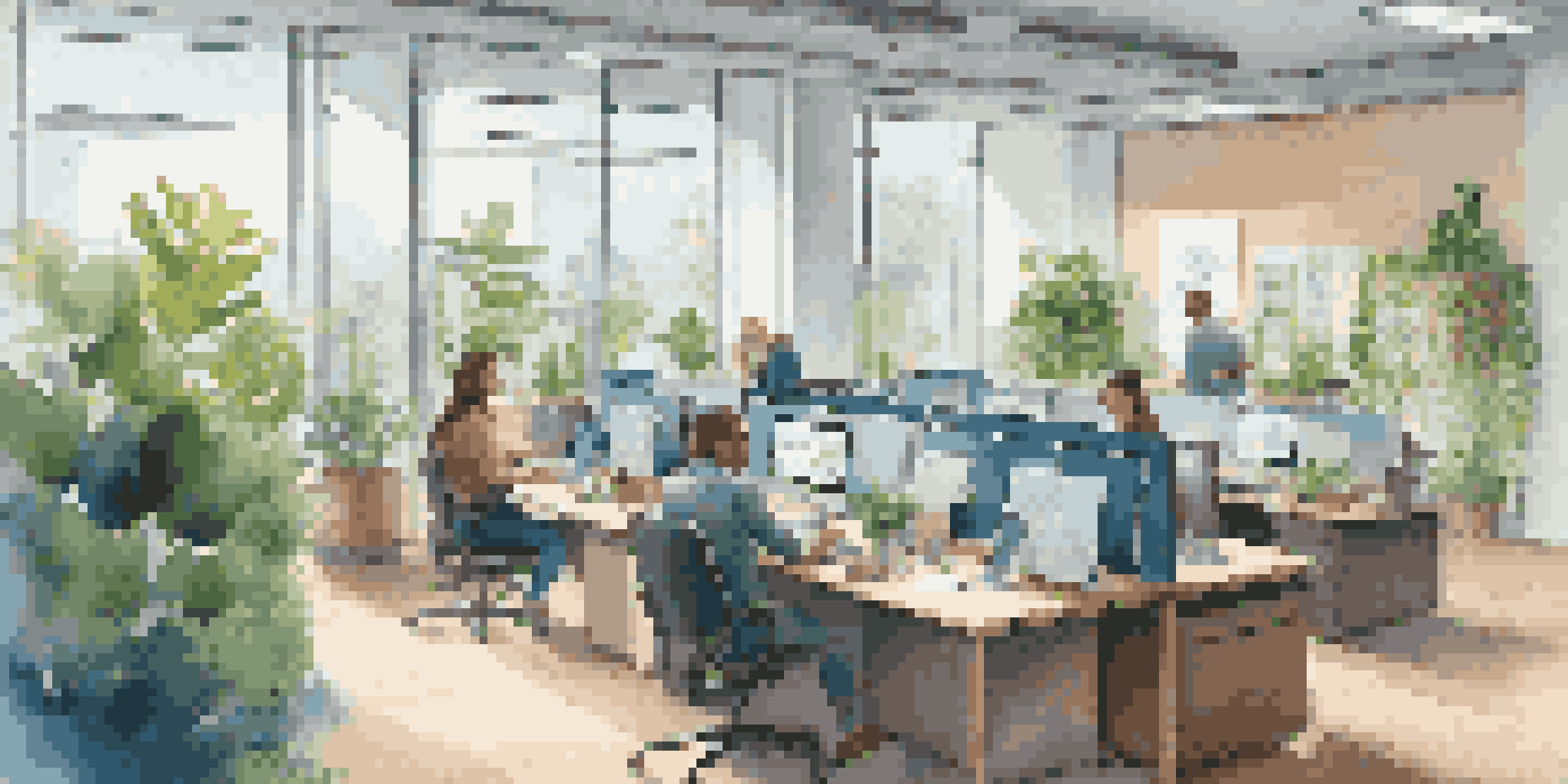 A hybrid work environment in a modern office with employees at desks, collaborating in groups, and engaged in video calls, surrounded by natural light and green plants.