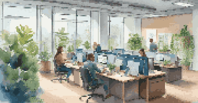 A hybrid work environment in a modern office with employees at desks, collaborating in groups, and engaged in video calls, surrounded by natural light and green plants.