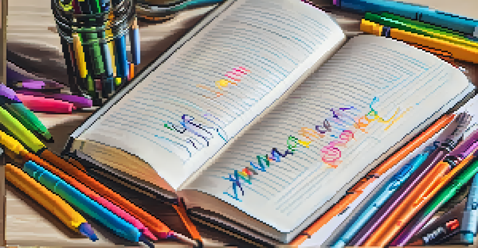 A hand writing in a notebook with colorful pens around, capturing the vibrant ink colors and the texture of the notebook pages.
