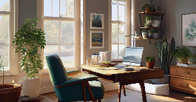 A cozy home office with a wooden desk, laptop, and plants, illuminated by soft morning light.