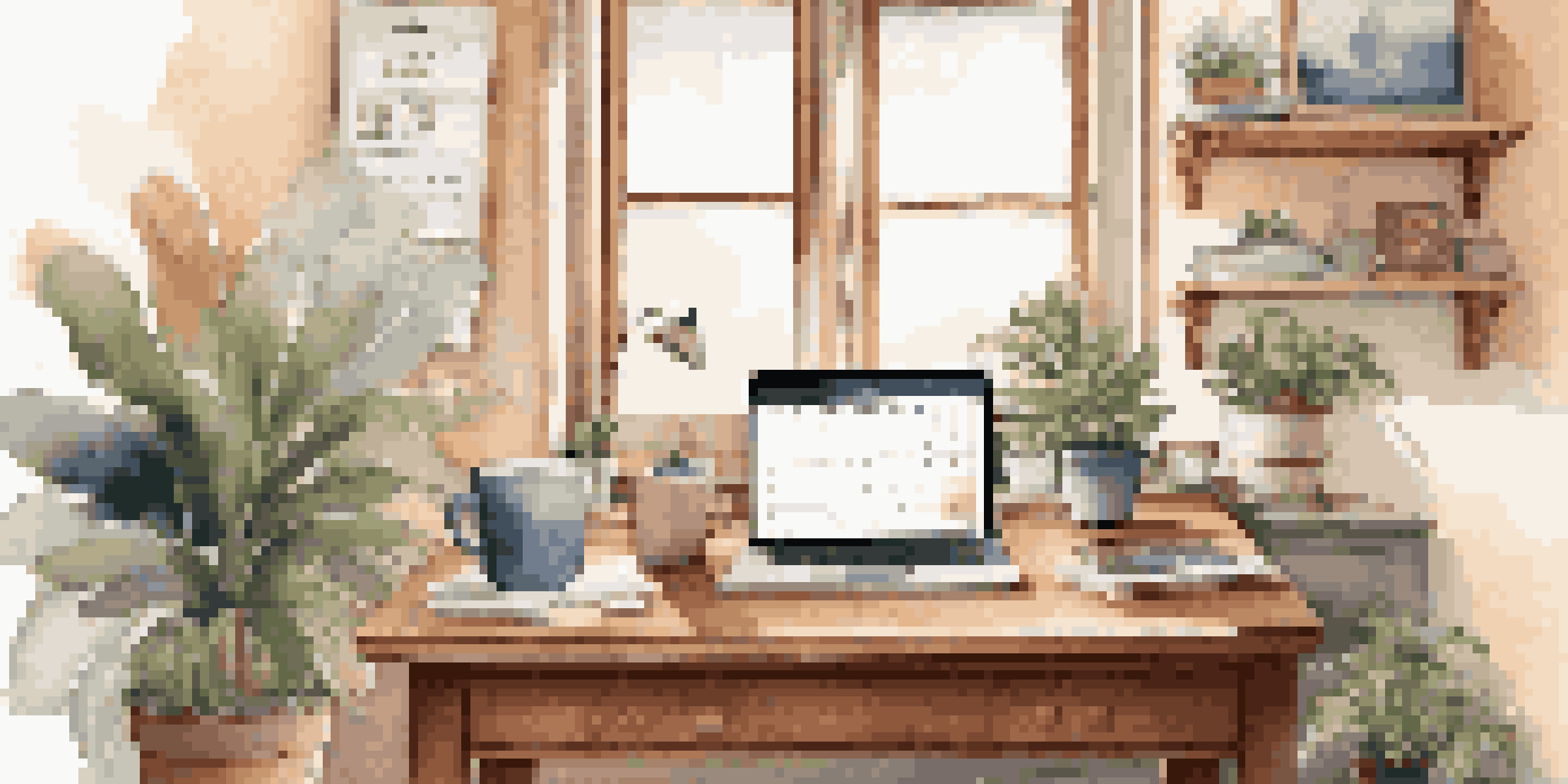 A bright home office with a wooden desk, open laptop, planner, and coffee cup, bathed in natural light from the window.