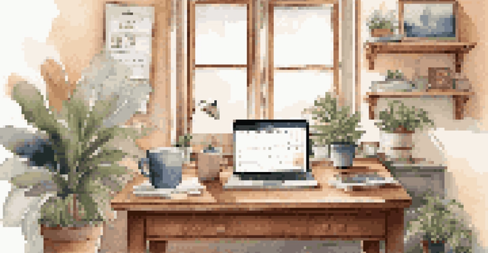 A bright home office with a wooden desk, open laptop, planner, and coffee cup, bathed in natural light from the window.