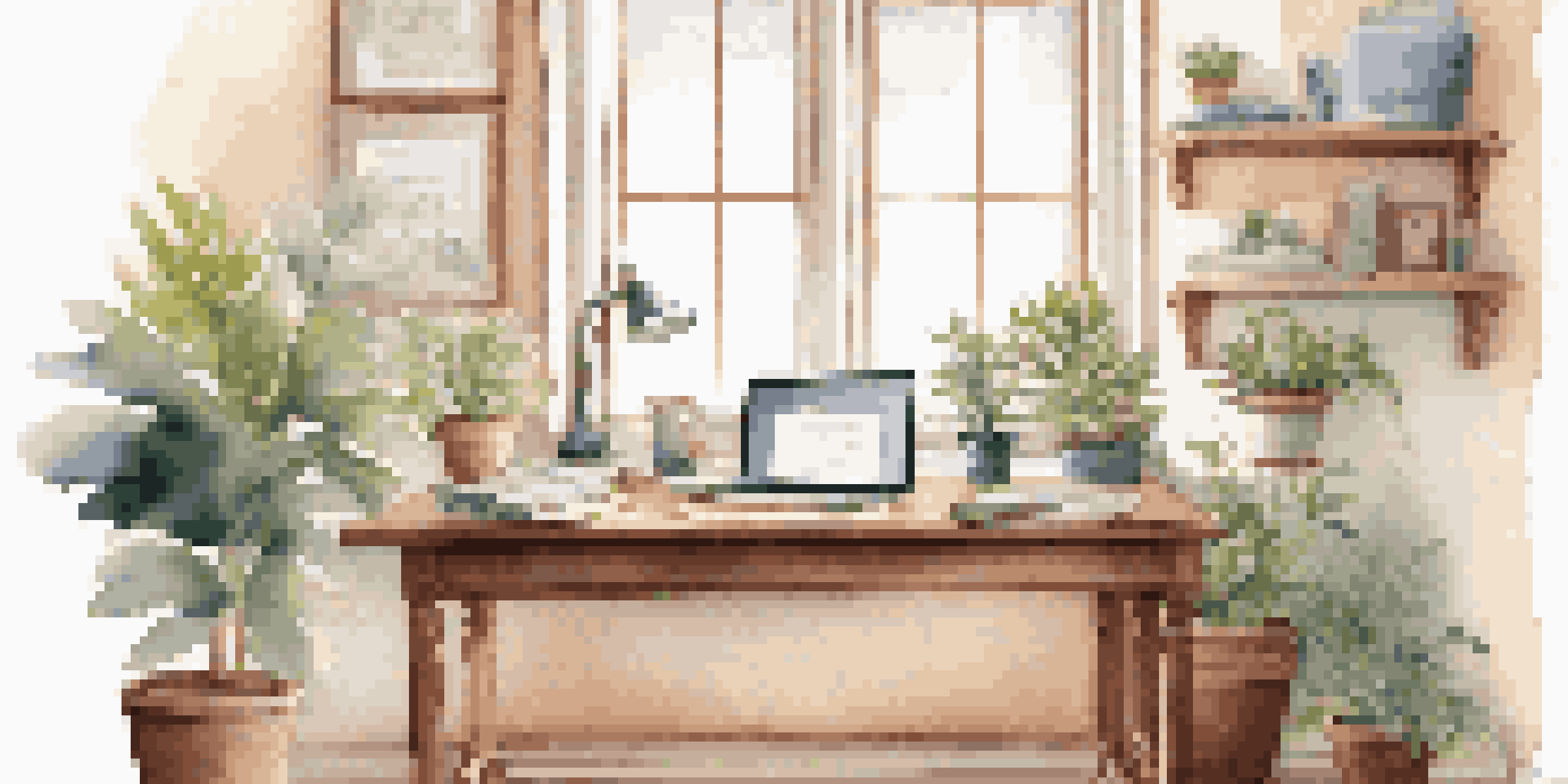 A cozy home office with a wooden desk, laptop, plant, and cup of tea, bathed in soft natural light.