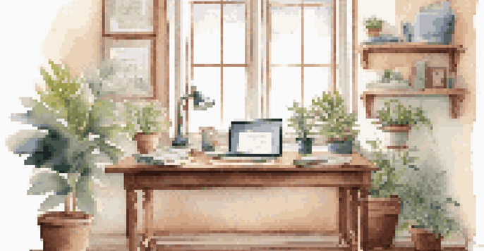 A cozy home office with a wooden desk, laptop, plant, and cup of tea, bathed in soft natural light.