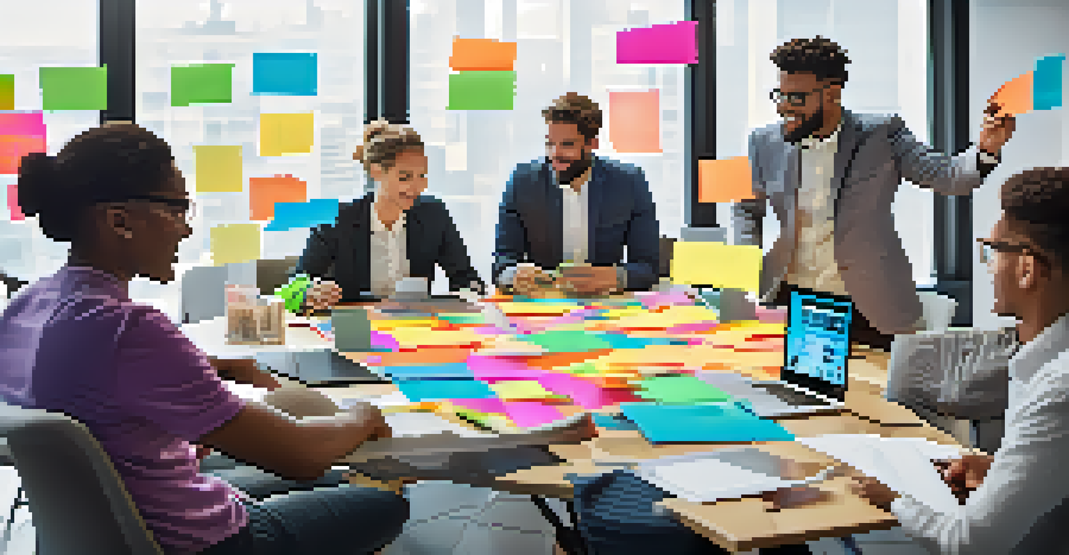 A diverse group of professionals collaborating in a modern meeting room, surrounded by notes and technology.