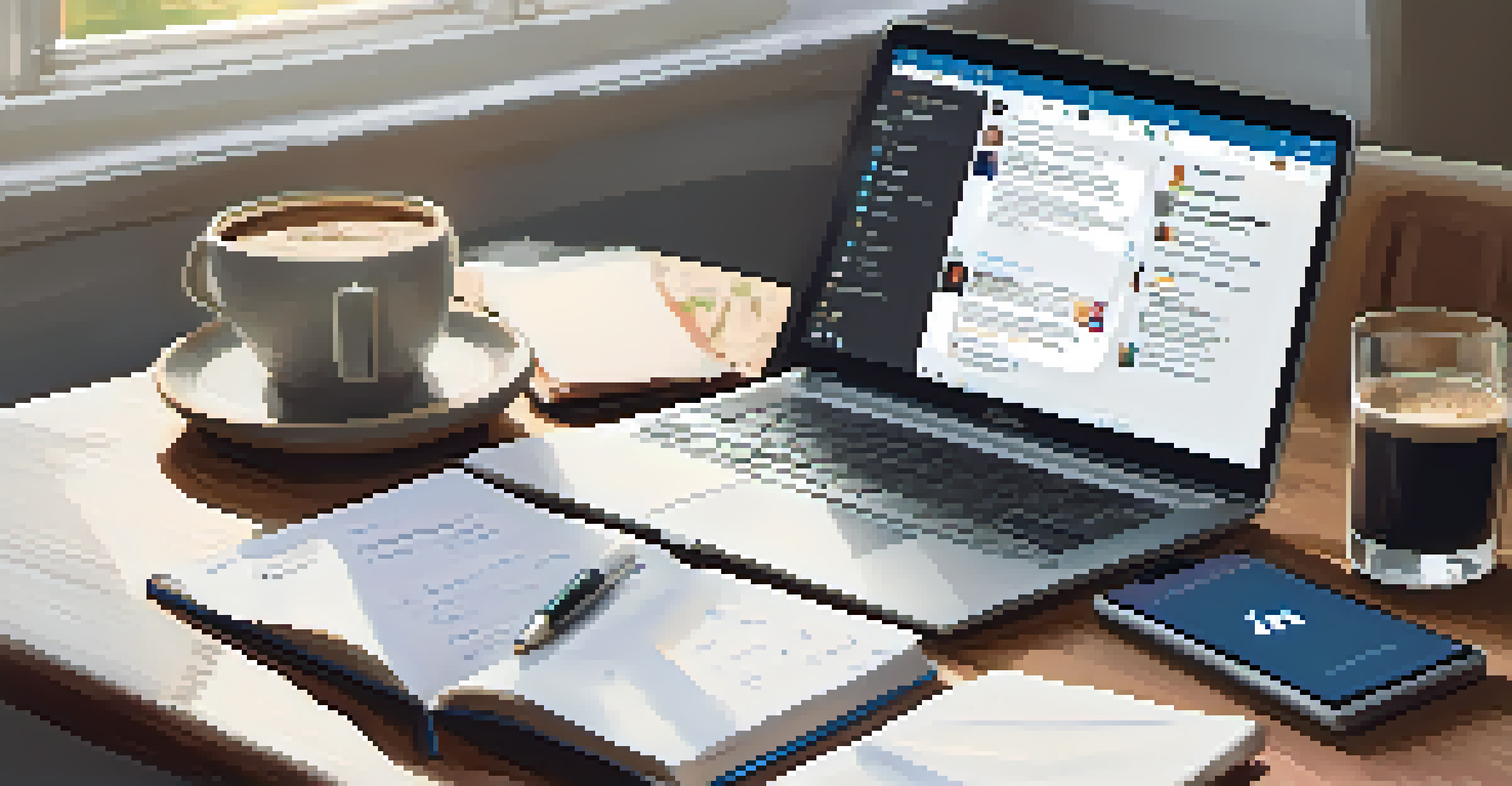An organized workspace with a laptop displaying a LinkedIn profile, surrounded by a notepad with networking notes, a coffee cup, and a smartphone, all in a well-lit environment.