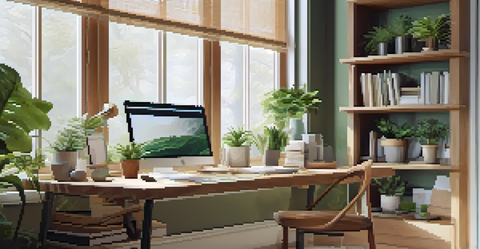 A cozy home office with a desk, laptop, plants, and a coffee mug, illuminated by natural light from a window.