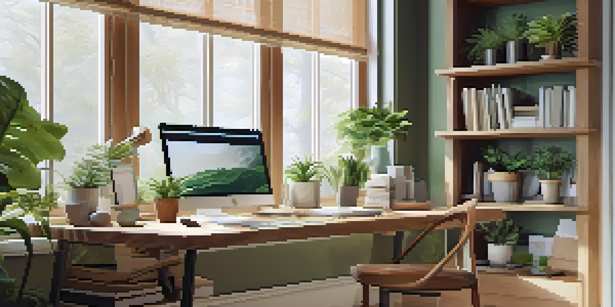 A cozy home office with a desk, laptop, plants, and a coffee mug, illuminated by natural light from a window.