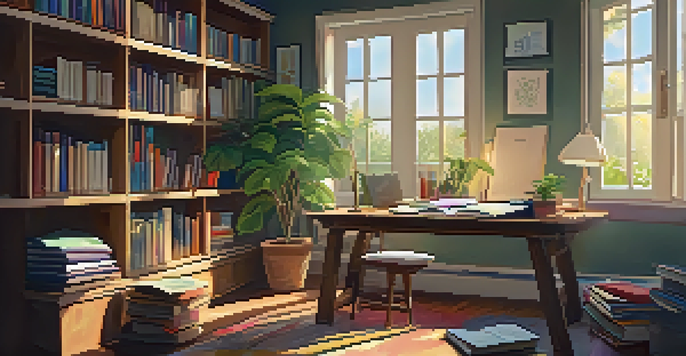 A warm and inviting study room with a wooden desk, notebooks, and a laptop, illuminated by natural light from a large window overlooking a garden.