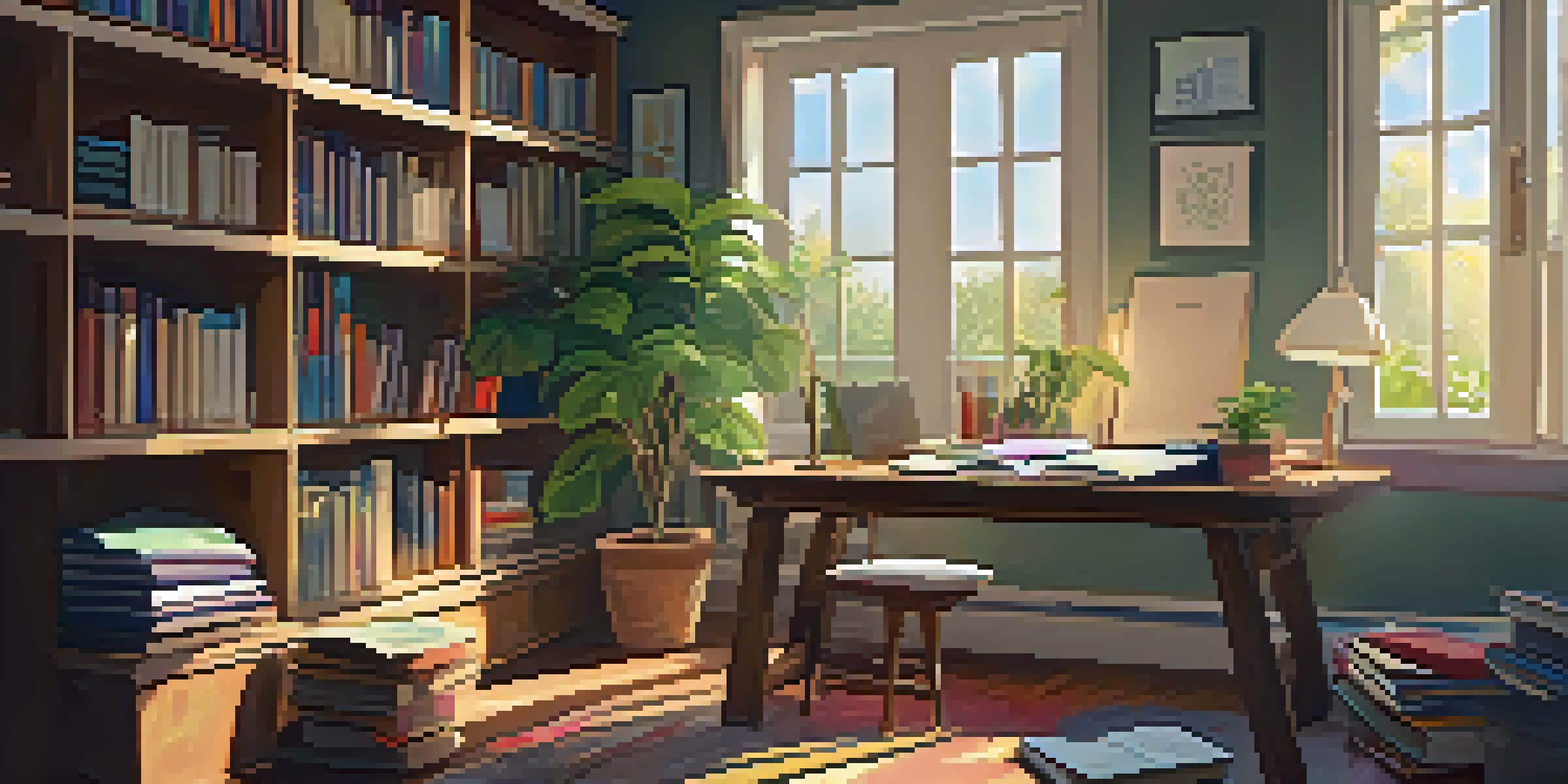 A warm and inviting study room with a wooden desk, notebooks, and a laptop, illuminated by natural light from a large window overlooking a garden.