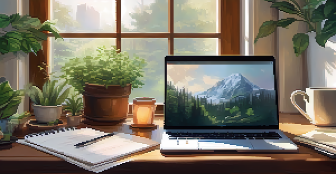 A cozy workspace with a wooden desk, laptop, tea cup, and plants, bathed in soft natural light.