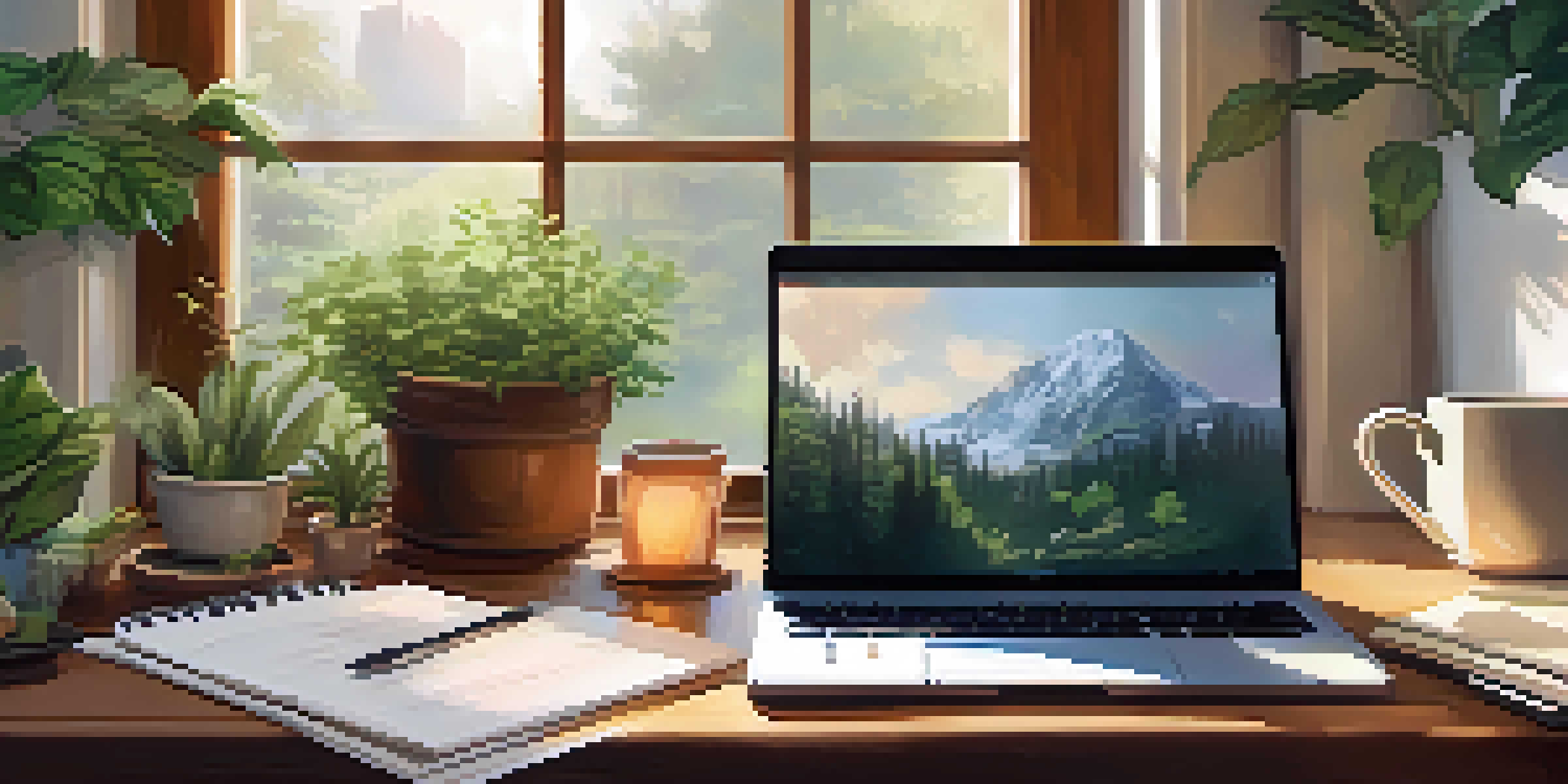 A cozy workspace with a wooden desk, laptop, tea cup, and plants, bathed in soft natural light.