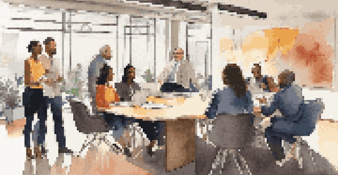 A diverse group of employees collaborating in a modern office, highlighting effective communication and teamwork.