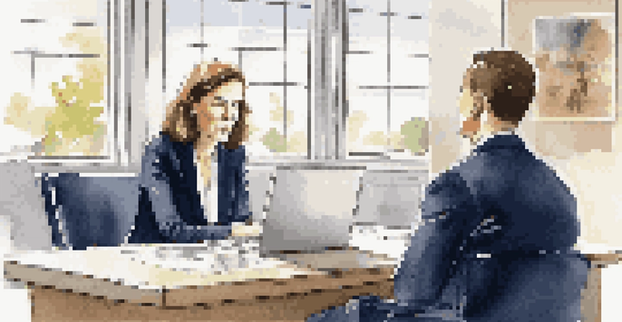 A career coach and client sitting in a bright office, engaged in a discussion, with a laptop on the desk and motivational poster on the wall.