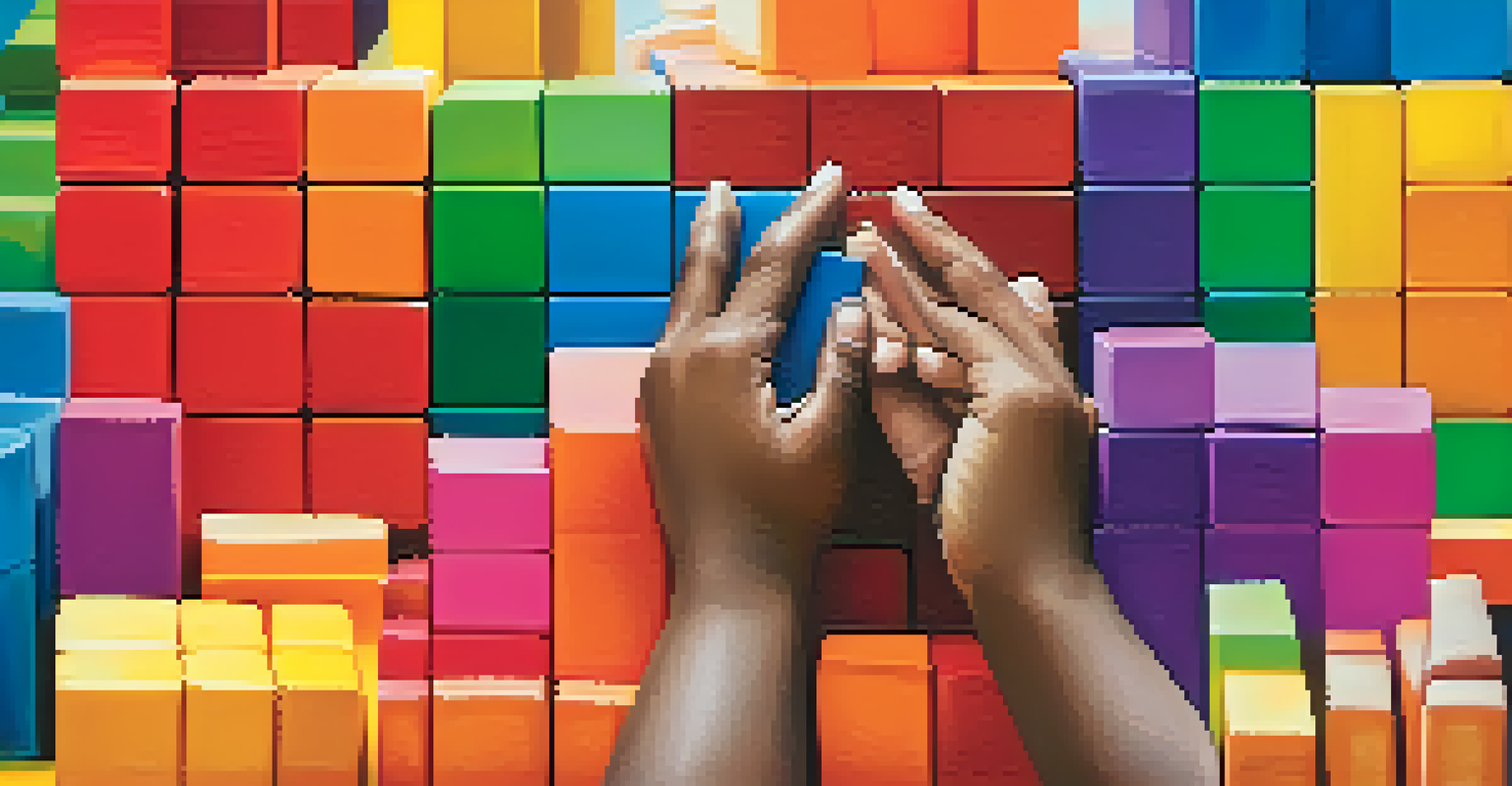 Close-up of diverse hands stacking colorful blocks, symbolizing teamwork and collaboration in a community event.