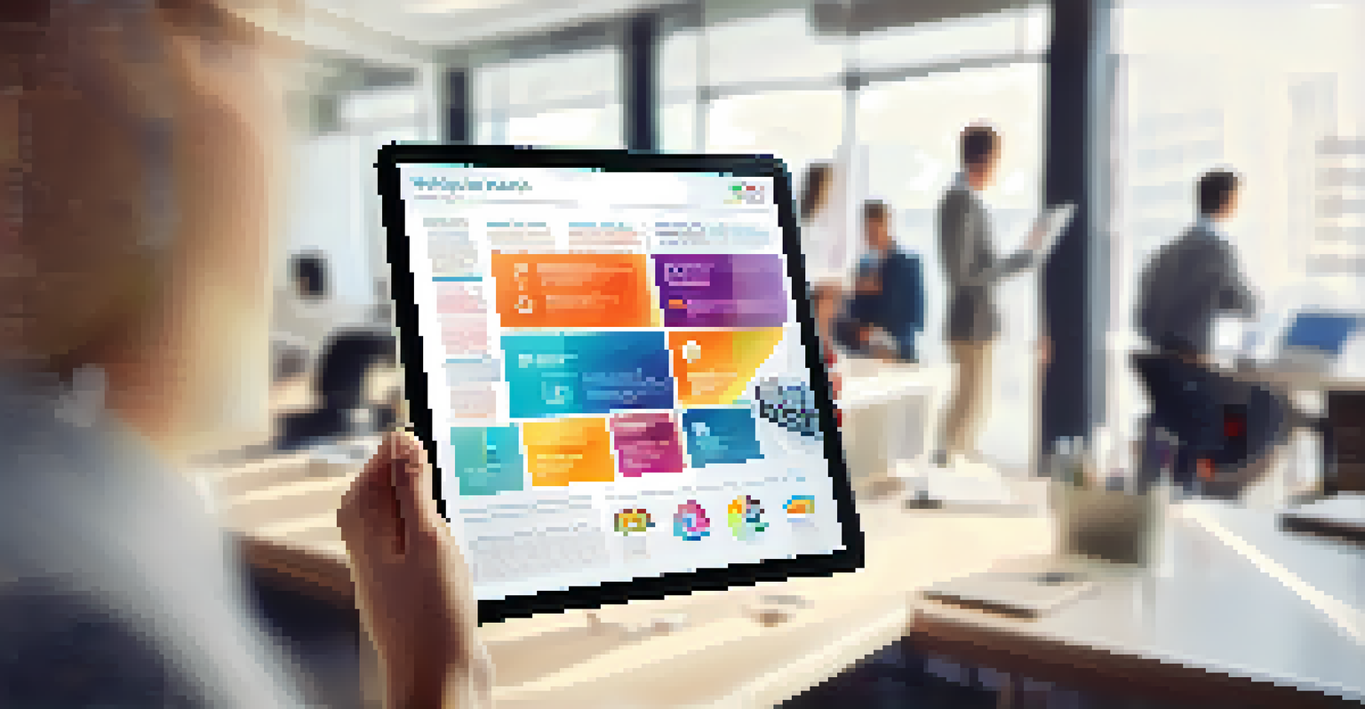 A hand holding a tablet showing an infographic about workplace innovation with a modern office in the background.