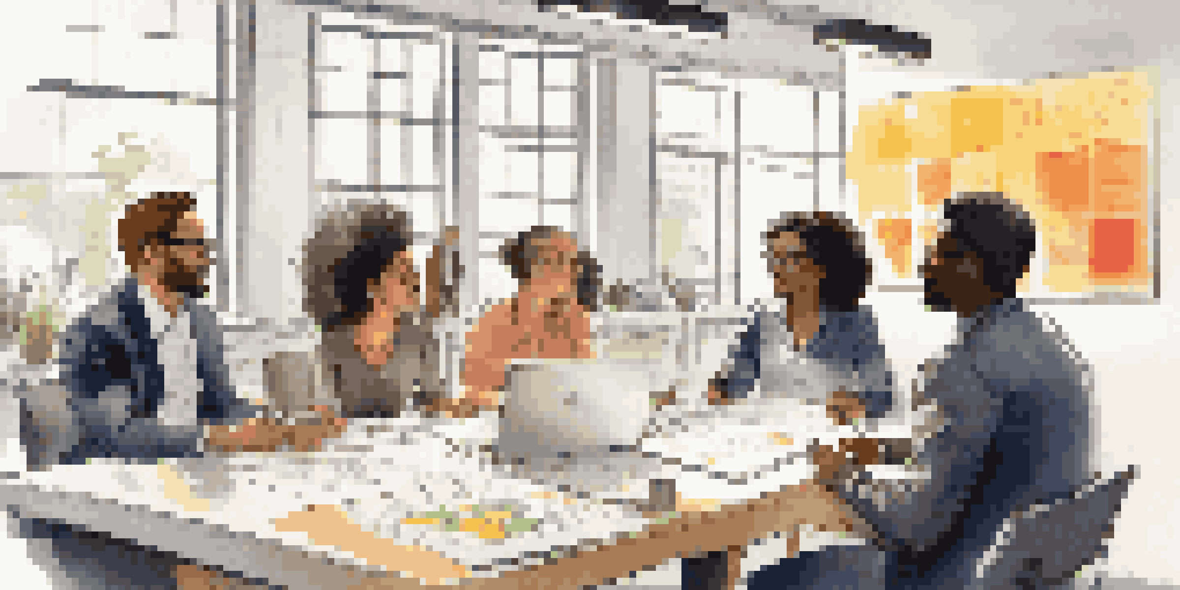 A diverse group of professionals collaborating in a bright office environment, sharing ideas during a brainstorming session with colorful notes and a whiteboard in view.
