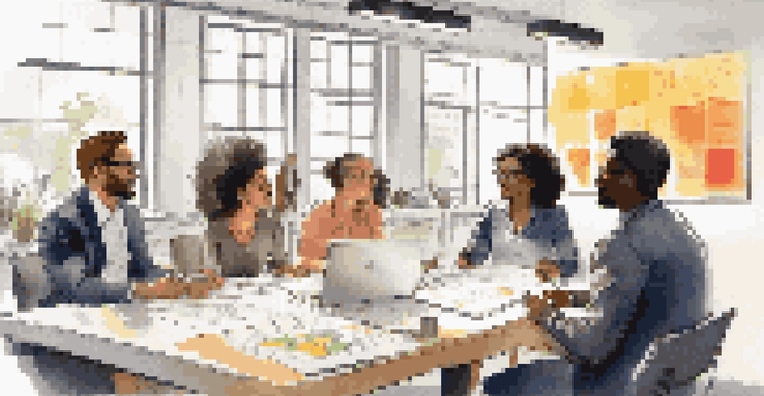 A diverse group of professionals collaborating in a bright office environment, sharing ideas during a brainstorming session with colorful notes and a whiteboard in view.