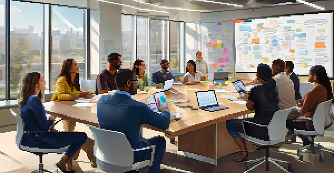 A diverse group of employees collaborating in a bright conference room, sharing ideas and discussing plans.