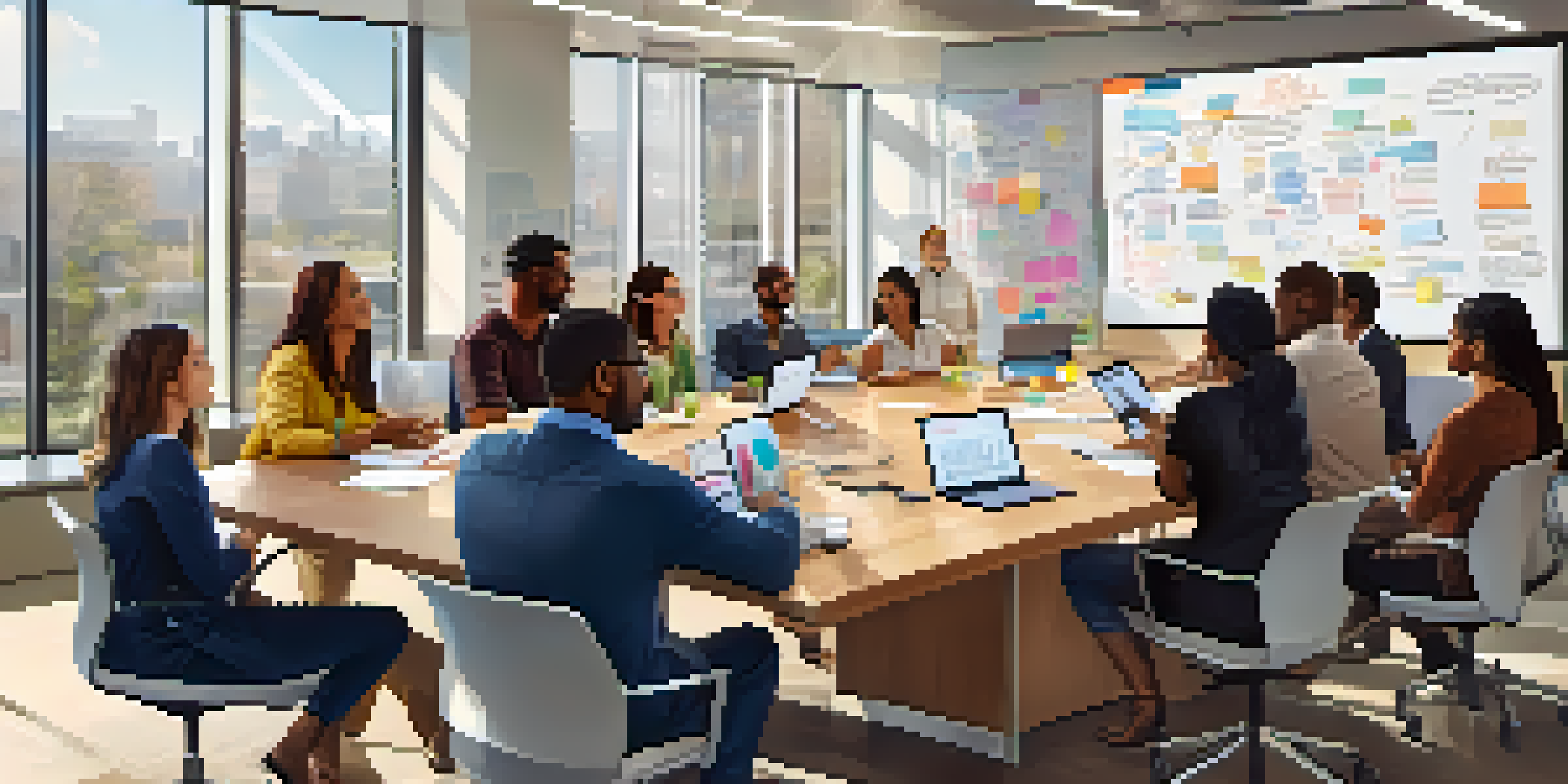 A diverse group of employees collaborating in a bright conference room, sharing ideas and discussing plans.