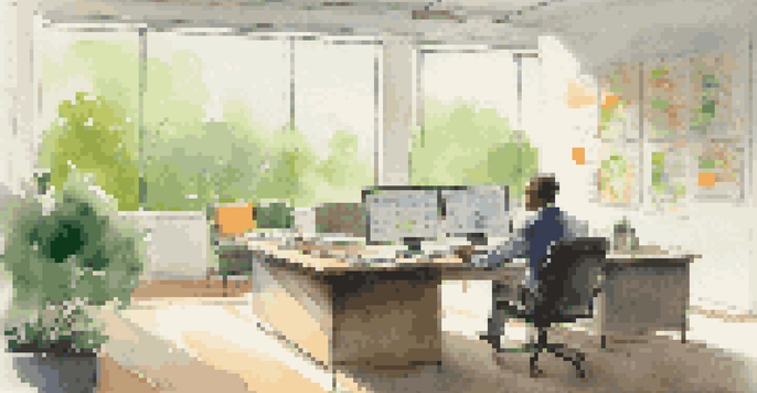 A mid-career professional in a bright office, analyzing career assessment results with a laptop and colorful charts around them.