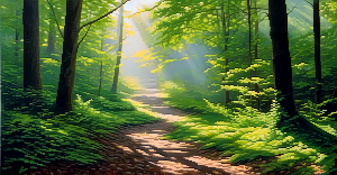 A forked path in a green forest with sunlight filtering through the trees, illustrating career choices and the balance between ambition and realism.