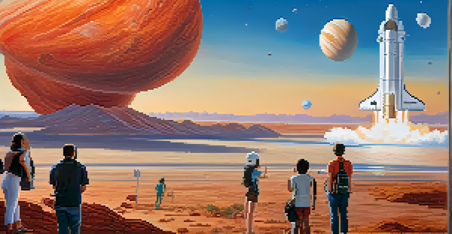A SpaceX rocket launching into the sky with people watching, set against a Mars-like planet in the background.