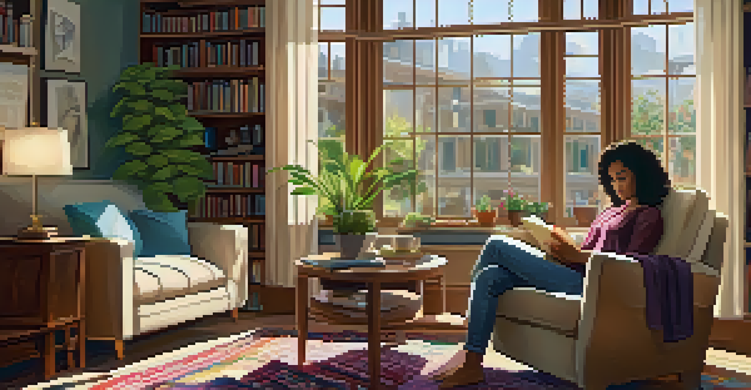 A woman reading a personal development book in a cozy living room filled with sunlight and plants.