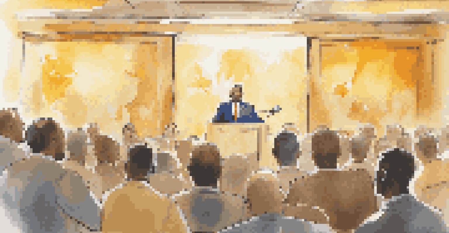 A leader delivering an inspiring speech at a podium, with an engaged audience and motivational banners in the background.