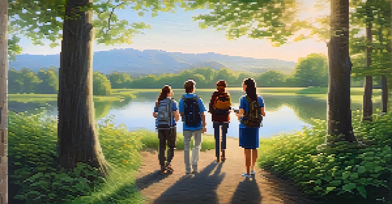 A leader guiding a small group on a nature walk, surrounded by greenery and soft sunlight, inspiring teamwork.