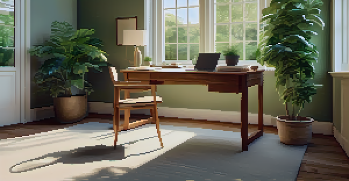 A bright and organized office space with a view of a green park, featuring a wooden desk with a laptop and a potted plant.