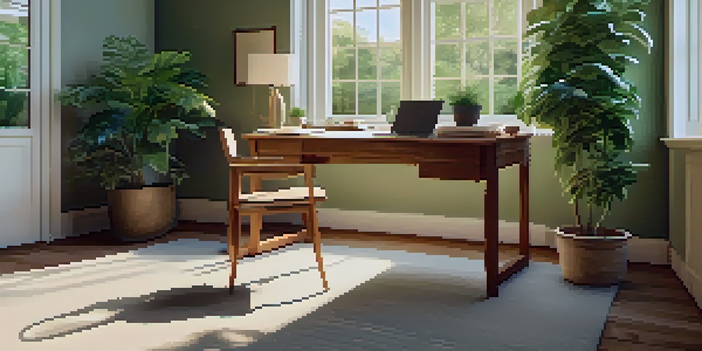 A bright and organized office space with a view of a green park, featuring a wooden desk with a laptop and a potted plant.